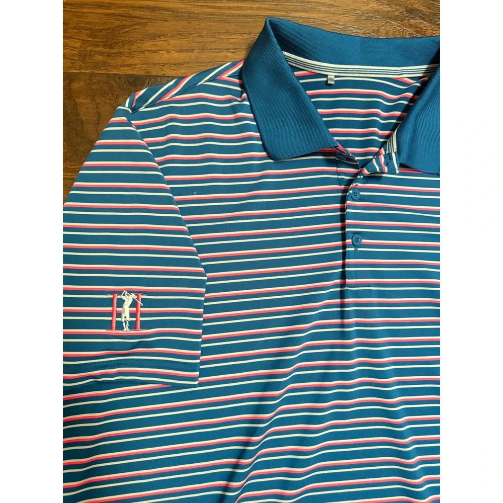 Adidas Golf Mens Teal Blue Pink Striped Short Sleeve‎ Polo Shirt Golfer Logo XL